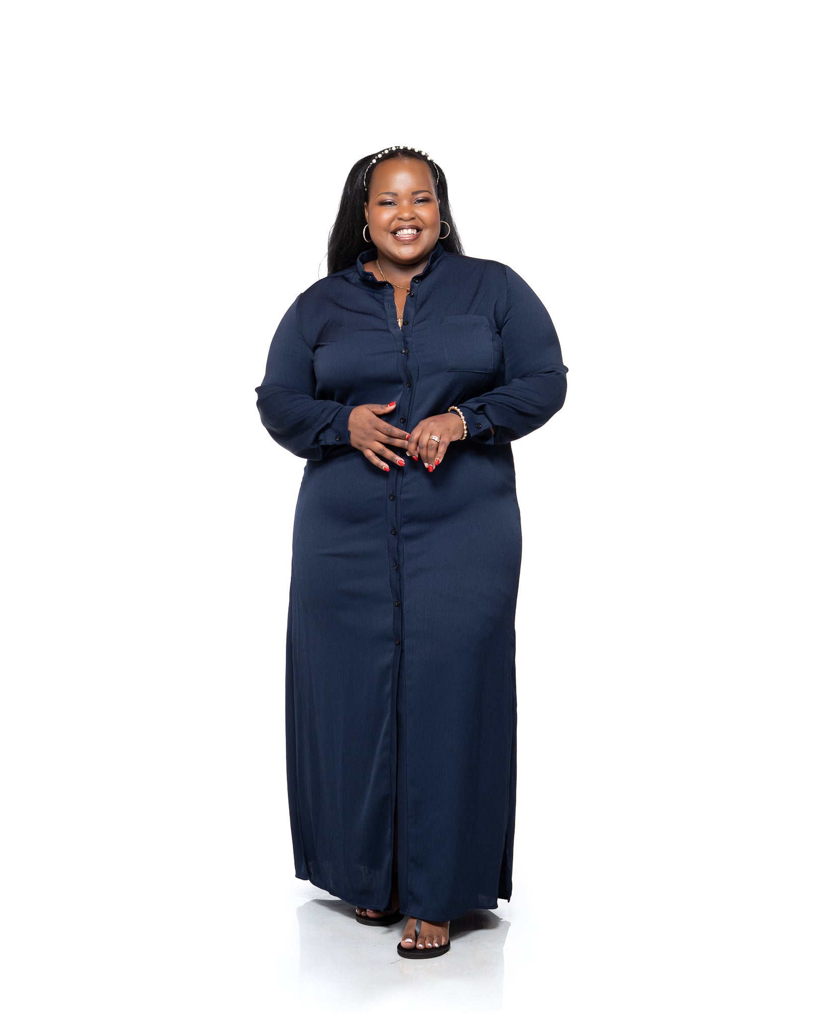Chiffon Maxi Shirt Dress in Navy